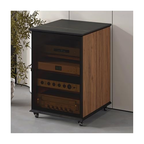 HTYUKFDG Medienaufbewahrungsschrank mit Glastür, Stereoschrank mit verstellbaren Regalen und Rädern, Rock Slab Top, Audio-Video-Rack-Ständer for Theater(Walnut,81.5cm) von HTYUKFDG