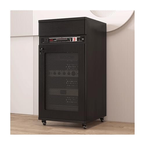 HTYUKFDG Stereoschrank, moderner Audio-Video-Medien-Aufbewahrungsschrank mit Schublade aus Massivholz und U-Stange, Plattenspielerkonsole, Verstärker-Geräteschrank(Svart,108cm) von HTYUKFDG