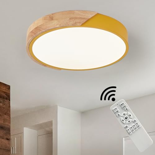 HTsilphelene Deckenlampe Holz, Rustikale Holzoptik Deckenleuchte Holz Mit Modernem Design, Dimmbare lampe holz für Wohnzimmer Schlafzimmer Küche Esszimmer Flur (Gelb,40CM) von HTsilphelene
