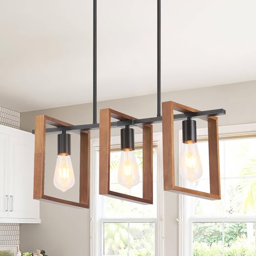 HTsilphelene Hängelampe Esstisch, Moderne Pendelleuchte Esstisch Rechteck Insel Licht für Esszimmer & Wohnzimmer, Foyer Flur, Holzrahmen. (Holz, 3 Lichter) von HTsilphelene