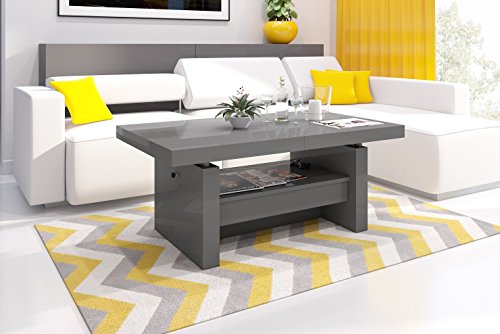 Design Couchtisch Tisch Aversa H-111 Grau/Anthrazit Hochglanz Schublade höhenverstellbar ausziehbar Esstisch von HU