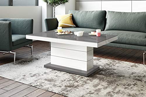 HU Design Couchtisch Tisch Matera Lux H-333 Hochglanz höhenverstellbar ausziehbar Wohnzimmertisch Esstisch (Grau/Weiß Hochglanz) von HU