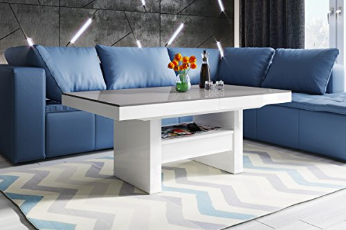 Design Couchtisch Tisch HLU-111 Grau Weiß Hochglanz Schublade höhenverstellbar ausziehbar Esstisch von HU