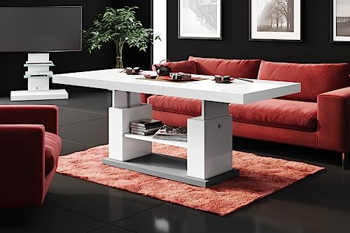 Design Couchtisch HN-777 Weiß - Grau Hochglanz höhenverstellbar ausziehbar Tisch Esstisch von HU