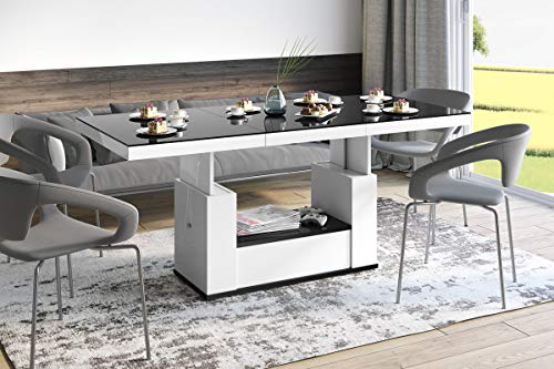 HU Design Couchtisch Tisch HM-111 Schwarz/Weiß Hochglanz Schublade höhenverstellbar ausziehbar Esstisch von HU