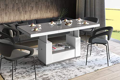 HU Design Couchtisch Tisch HM-111 Hochglanz Schublade höhenverstellbar ausziehbar Esstisch (Grau/Weiß Hochglanz) von HU