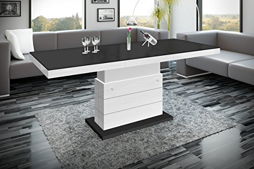 HU Design Couchtisch Tisch Matera Lux H-333 Hochglanz höhenverstellbar ausziehbar Wohnzimmertisch Esstisch (Schwarz Matt/Weiß Hochglanz) von HU