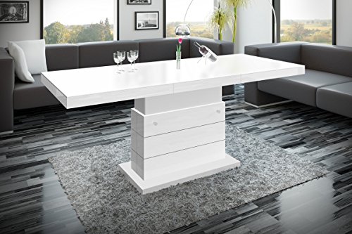 HU Design Couchtisch Tisch Matera Lux H-333 Hochglanz höhenverstellbar ausziehbar Wohnzimmertisch Esstisch (Weiß Matt/Weiß Hochglanz) von HU