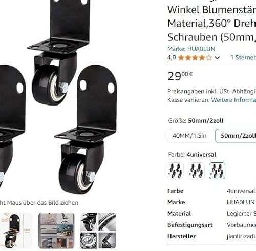 4 Stück Lenkrollen mit L-förmiger Halterung,Möbelrollen für Kinderbett,Rechter Winkel Blumenständer-Rollen,PVC-Material,360° Drehung,Leise,Schwarz,Mit Schrauben (40MM/1.5in,4Bremse) von HUA0LUN