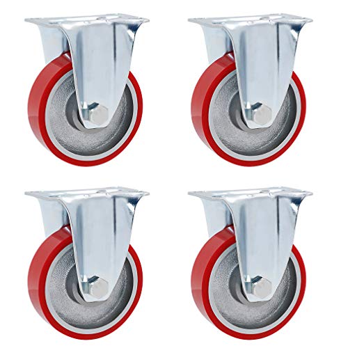 4pcs Schwenkrollen Möbelrollen Platterollen,Rote Polyurethan Industrierollen Schwerlastrollen,Heavy Duty 360° Deckplatten,600kg Maximale Kapazität,Ersatz für Workbench,Trolley (100mm,Behoben) von HUA0LUN