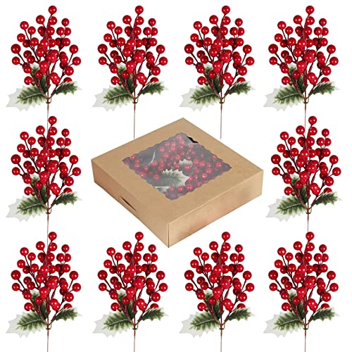 HUAESIN 10PCS Künstliche Pflanzen Rote Beeren Kunstpflanzen Weihnachten Dekopflanzen Beerenzweig Weihnachtsdeko für Weihnachten Winter Feiern Weihnachtsbaum DIY 25cm von HUAESIN