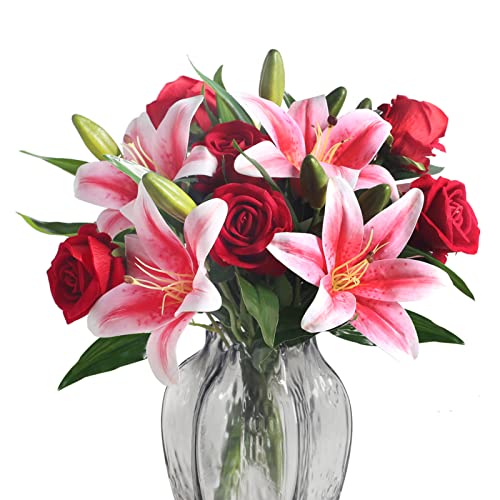 HUAESIN 11xkünstliche Blumen, rote künstliche Rosen und rosa Tigerlilie, Seidenblumenstrauß für Hochzeit, Blumenarrangement, Geschenk, Party-Dekoration (Vasen nicht im Lieferumfang enthalten) von HUAESIN