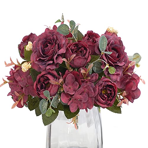 HUAESIN 2 Pcs Künstliche Blumen Pfingstrose Unechte Kunstblumen Rosen Seidenblumen Hortensien Plastikblumen Dunkelrot für Hochzeit Balkon Garten Büro Tischdeko 30cm von HUAESIN