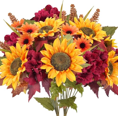 HUAESIN 2PCS Kunstblumen Herbst Sonnenblumen Deko Künstliche Blumen Hortensien Herbstblumen Herbststrauß Künstlich Gänseblümchen Deko Fake Blumen Seidenblumen für Herbstdeko Tischdeko (Orange) von HUAESIN