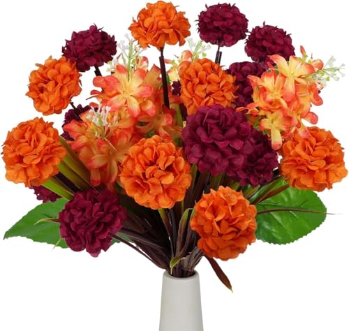 HUAESIN 4PCS Kunstblumen wie Echt Hortensien Künstliche Blumen Herbst Kunstblumen Herbstblumen Künstlich Herbststrauß Fake Blumen Zweige Deko für Herbstdeko Tischdeko Hochzeitsdeko (Orange) von HUAESIN