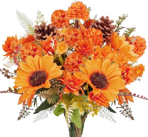 HUAESIN Künstliche Blumen Herbst Sonnenblumen Deko Kunstblumen wie Echt Herbstblumen Blumenstrauß Künstliche Hortensien Herbststrauß Fake Blumen für Tischdeko Herbstdeko Hochzeit (Orange) von HUAESIN