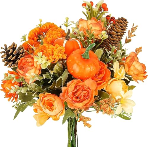HUAESIN Künstliche Blumen Pfingstrose Kunstblumen mit Kürbisse Herbst Deko Fake Blumen Kunstpflanzen Kürbis Deko für Tischdeko Herbst Zuhause Halloween Thanksgiving Orange HUAESIN Künstliche Blumen Pfingstrose Kunstblumen mit Kürbisse Herbst Deko Fake Blumen Kunstpflanzen Kürbis Deko für Tischdeko Herbst Zuhause Halloween Thanksgiving Orange von HUAESIN