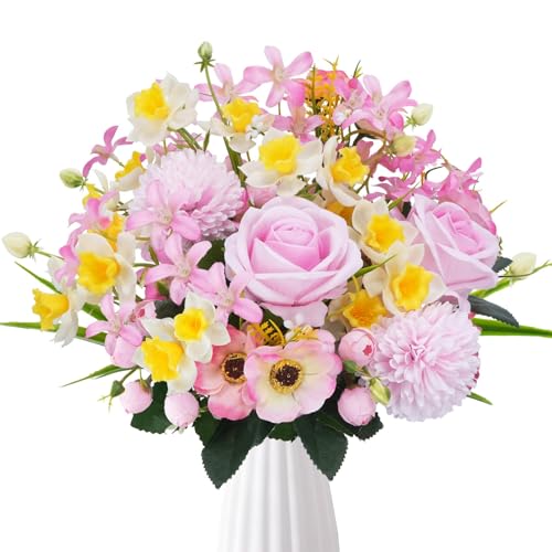 HUAESIN Künstliche Blumen Rosa Seidenblumen Rose Unechte Blumen Deko Pfingstrose Gefälschte Hochzeit Blumen für Draußen Balkon Topf Zimmer Garten Innen Außenbereich Deko von HUAESIN