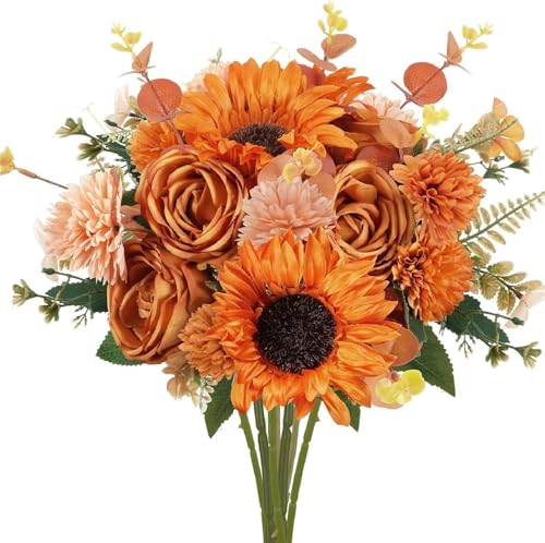 HUAESIN Kunstblumen Herbst Rose Künstliche Blumen Deko Herbststrauß Künstlich Sonnenblume Deko Herbstblumen Hortensien Seidenblumen Dekoblumen für Herbstdeko Tischdeko Hochzeitsdeko (Orange) von HUAESIN