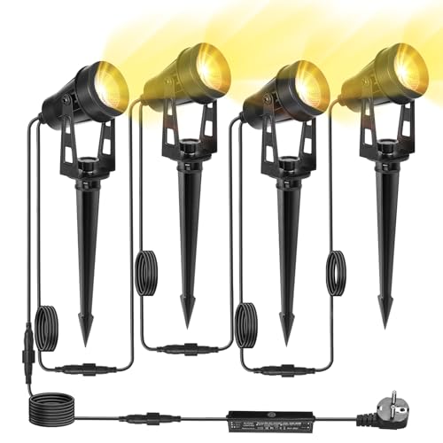 HUAEU Gartenstrahler LED Außen Wasserdicht, 14 Meter 4-in-1 Bodenstrahler, 3000K Warmweiß, 12V IP65, Gartenbeleuchtung mit Strom, mit Stecker für Terrasse, Gartenweg, Party, Bäume, Rasen, Erdspieß von HUAEU
