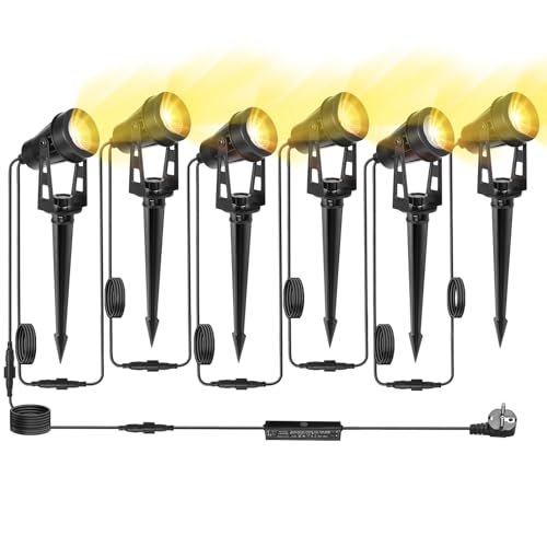 HUAEU Gartenstrahler LED Außen Wasserdicht, 3000K Warmweiß, 12V IP65, Gartenbeleuchtung mit Strom, mit Stecker für Terrasse, Gartenweg, Party, Bäume, Rasen, Erdspieß (warmweiß, 6 IN 1) von HUAEU