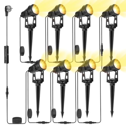 HUAEU Gartenstrahler LED Außen Wasserdicht, 3000K Warmweiß, 12V IP65, Gartenbeleuchtung mit Strom, mit Stecker für Terrasse, Gartenweg, Party, Bäume, Rasen, Erdspieß (warmweiß, 8 IN 1) von HUAEU