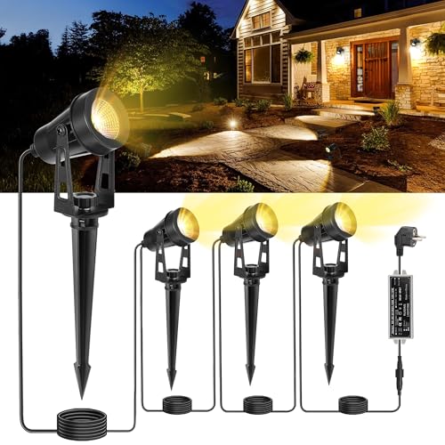 HUAEU LED Gartenbeleuchtung mit Strom,14M 4-in-1 Bodenstrahler, 3000K Warmweiß, 12V IP65, Gartenstrahler LED Außen Wasserdicht, mit Stecker für Draußen,Terrasse, Gartenweg,Bäume, Rasen, Erdspieß von HUAEU