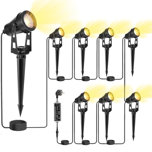 HUAEU LED Gartenbeleuchtung mit Strom,26M 8-in-1 Bodenstrahler, 3000K Warmweiß, 12V IP65, Gartenstrahler LED Außen Wasserdicht, mit Stecker für Draußen,Terrasse, Gartenweg,Bäume, Rasen, Erdspieß von HUAEU