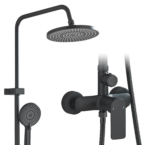 HUAHOMDY Duscharmatur mit Armatur Komplettset Höhenverstellbar 100-135cm Duschsystem mit Armatur with 25 cm Rund Regendusche und 3 Strahlarten Handbrause Schwarz von HUAHOMDY