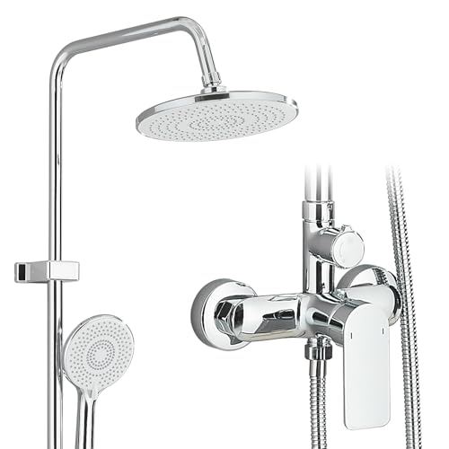 HUAHOMDY Duschsystem mit Armatur Chrom Höhenverstellbar Regendusche mit 25 cm Rund Regendusche und 3 Strahlarten Handbrause Duscharmatur Komplettset von HUAHOMDY