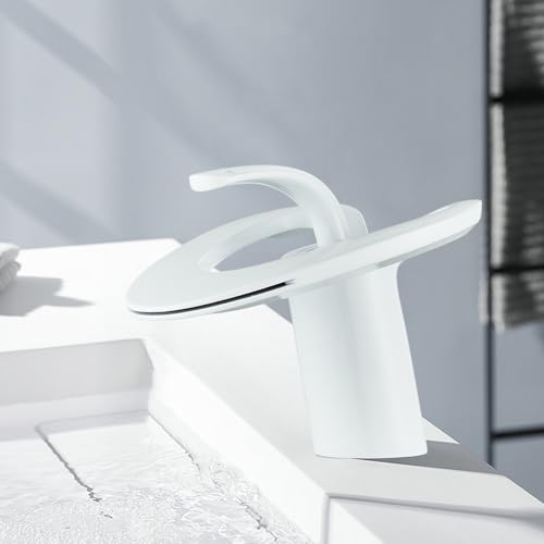 HUAHOMDY Wasserhahn Bad Wasserfall Waschbecken Heiß und Kaltmischer Mischbatterie Einhebelmischer Waschtischarmatur aus Messing für Badezimmer Weiß von HUAHOMDY