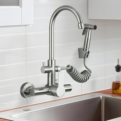 HUAHOMDY Wasserhahn Küche Wandmontage Gebürstetes Nickel 360° Drehbare Spültischarmatur mit Spritzpistole Ausziehbar Zwei Sprühfunktionen Mischbatterie Küchenarmaturen von HUAHOMDY
