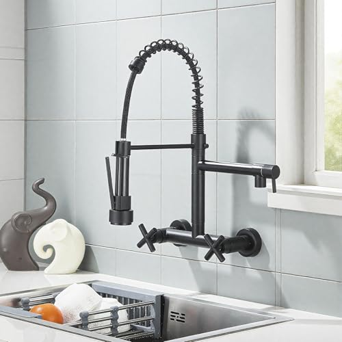 HUAHOMDY Wasserhahn Küche Wandmontage Küchenarmatur Wandmontage 360° Schwenkbar mit Herunterziehbare Brause mit 2 Griffen Spültischarmatur Mischbatterie Schwarz HUAHOMDY Wasserhahn Küche Wandmontage Küchenarmatur Wandmontage 360° Schwenkbar mit Herunterziehbare Brause mit 2 Griffen Spültischarmatur Mischbatterie Schwarz von HUAHOMDY