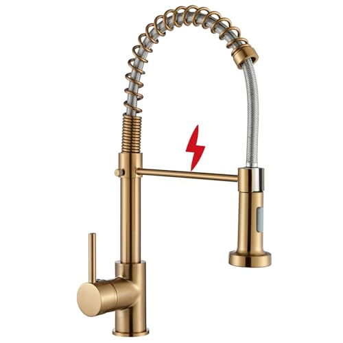 Niederdruck Armatur Küche Gebürstetes Gold Wasserhahn Küche Mischbatterie Spültischarmatur Küche küchenarmaturen Herunterziehbare 360°Schwenkbar Zwei Sprühfunktionen Für Durchlauferhitzer Geeignet von HUAHOMDY
