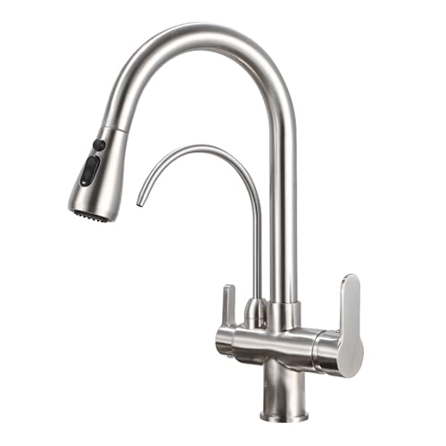 HUAHUALALA Küchenspüle Wasserhahn mit herausziehbarem Sprüher, 2 Griff, 3-in-1 Wasserfilter-Reiniger-Armaturen, Edelstahl-Küchenarmatur mit Filter, Umkehrosmose, gebürstetes Nickel von HUAHUA LALA