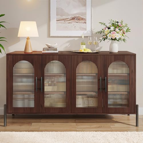 HUAHUU Sideboard Buffetschrank mit Stauraum, 139,7 cm, moderner Sideboardschrank mit 4 geriffelten Acryl-Türen und verstellbaren Regalen, Holz-Buffet-Konsolentisch für Wohnzimmer, Küche, dunkles von HUAHUU