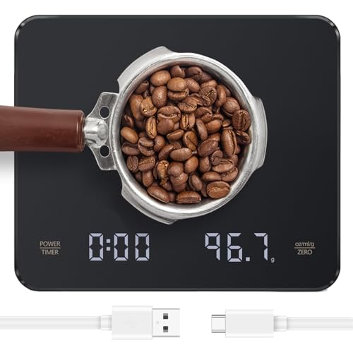 Digitale Kaffeewaage mit Timer, Espressowaage 3 kg/0,1 g, Präzisionswaage, Hohe Präzision, Wiederaufladbare Coffee Scale mit LED-Display, Tragbare Digitale Küchenwaage mit Automatischer Zeitmessung von HUAJUN
