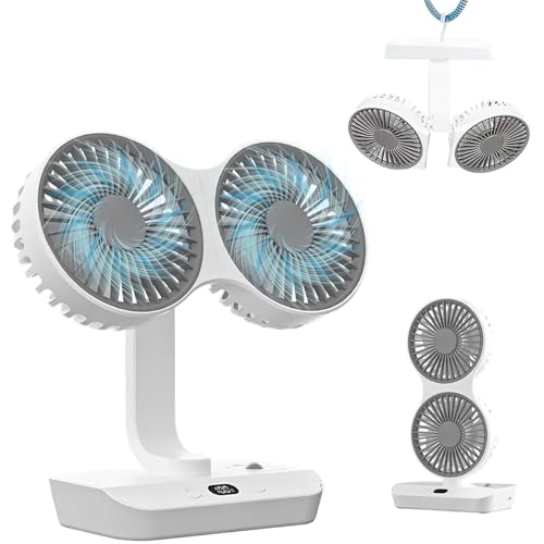 Doppelkopf Tischventilator Tragbarer, 4000mAh Wiederaufladbarer Tischventilator USB Mini Ventilator mit LED Licht & Haken,4 Geschwindigkeiten und 360° Drehung Leise für Schlafzimmer,Büro,Camping von HUAJUN