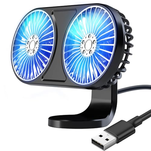 HUAJUN Auto Ventilator USB, Doppelköpfiger Ventilator Auto, Autoventilator mit 3 Geschwindigkeiten und Buntem Licht, 360-Grad-Drehung, für Auto Armaturenbrett, Lüftungsplatten von HUAJUN