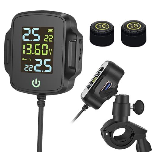 Motorrad TPMS Reifendrucküberwachungssystem, Reifendrucksensor mit 2 Sensoren Reifendruckalarm, Temperatur und Spannungsüberwachung,Unterstützt USB Ausgang, Schnellladung von HUAJUN