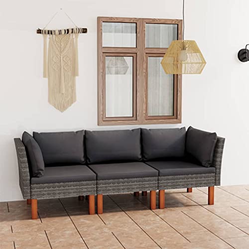 HUAKEHOM 3-TLG. Eukalyptusholz Massiv Gartenmöbel Sitzgruppe Sofa Lounge Gartensofa Gartenset mit Kissen Grau Poly Rattan von HUAKEHOM