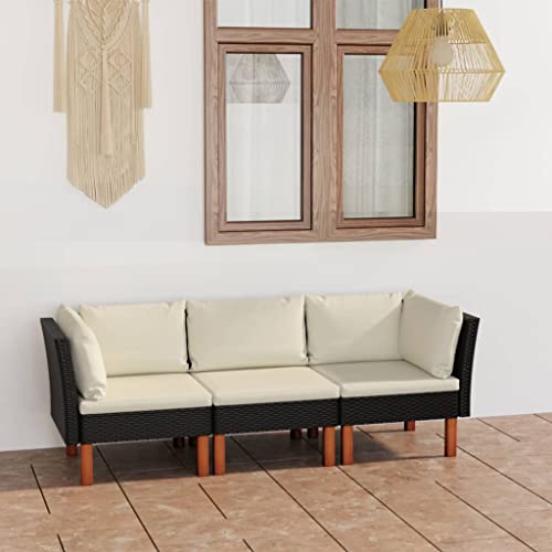 HUAKEHOM 3-TLG. Eukalyptusholz Massiv Gartenmöbel Sitzgruppe Sofa Lounge Gartensofa Gartenset mit Kissen Schwarz Poly Rattan von HUAKEHOM