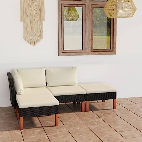 HUAKEHOM 4-TLG. Eukalyptusholz Massiv Gartenmöbel Sitzgruppe Sofa Lounge Gartensofa Gartenset Garten-Lounge-Set mit Kissen Poly Rattan Schwarz von HUAKEHOM
