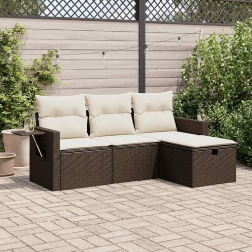 HUAKEHOM 4-TLG. Garten-Sofagarnitur mit Kissen Outdoor Sofa mit Stauraum Set Outdoor Sofagarnitur Garten-Lounge-Set Garten Sofagarnitur Braun Poly Rattan von HUAKEHOM