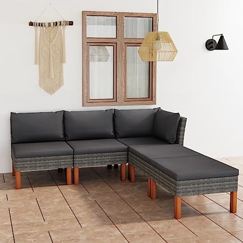 HUAKEHOM 5-TLG. Eukalyptusholz Massiv Gartenmöbel Sitzgruppe Sofa Lounge Gartensofa Gartenset Garten-Lounge-Set mit Kissen Poly Rattan Grau von HUAKEHOM