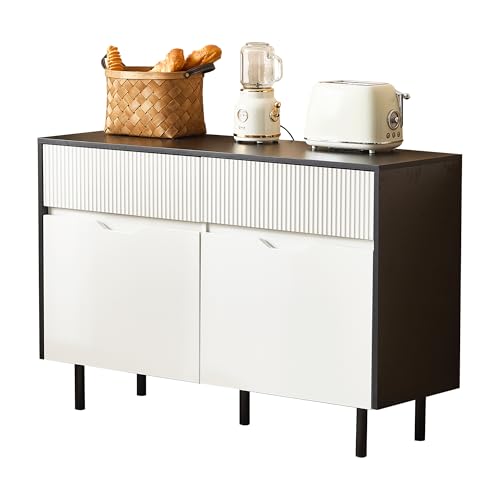 HUAKEHOM Aufbewahrungsschrank 120cm mit geriffelten Schubladen schwarzweißes Design verstellbare Einlegeböden 2 Türen SideboardBuffet SchrankOrganisator von HUAKEHOM
