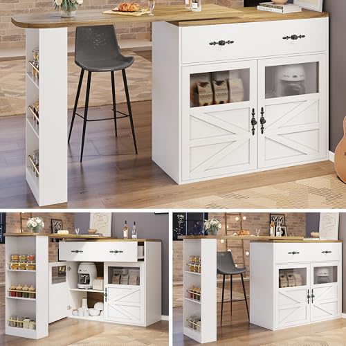 HUAKEHOM Ausziehbarer Bartisch mit Stauraum 360° drehbare Essbar Moderner Beweglicher Bar Table Hochtisch Kücheninsel Bistro Table Sideboardschrank mit Regalen weiß von HUAKEHOM