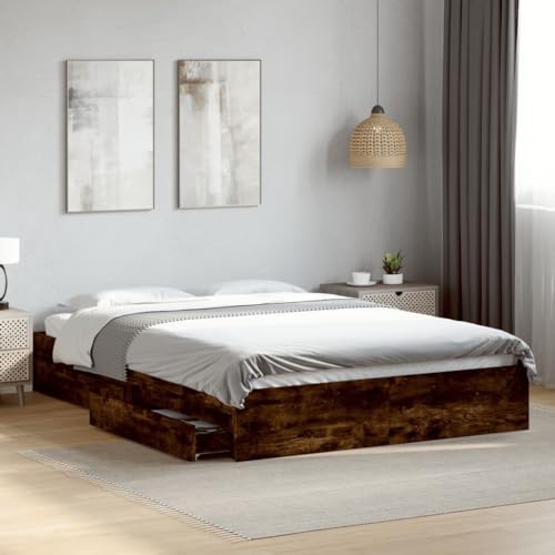 HUAKEHOM Bettgestell Bett mit Schubladen für Schlafzimmer Bettrahmen mit Lattenrost Schlafzimmerbett Einzelbett Räuchereiche 150x200cm Holzwerkstoff HUAKEHOM Bettgestell Bett mit Schubladen für Schlafzimmer Bettrahmen mit Lattenrost Schlafzimmerbett Einzelbett Räuchereiche 150x200cm Holzwerkstoff von HUAKEHOM