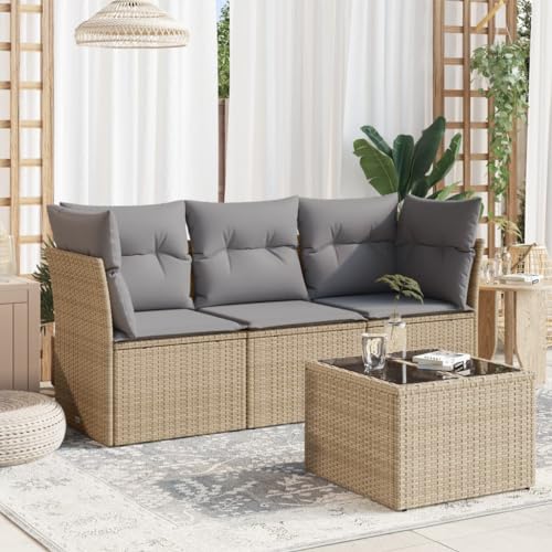 HUAKEHOM Garten Sofa Garnitur 4-TLG Garten-Sofagarnitur mit Kissen Stauraum Sitzgruppe für Garten Terrasse Modular Gartensofa Lounge Tisch mit Glasplatte Beige und Grau Poly Rattan von HUAKEHOM