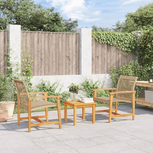 HUAKEHOM Gartenbank Garten Bank mit Rückenlehne Armlehnen Sitzbank mit Metallgestell Parkbank Außenbank Terrassenbank 3-TLG. Bistro-Set Beige Poly Rattan und Akazienholz von HUAKEHOM